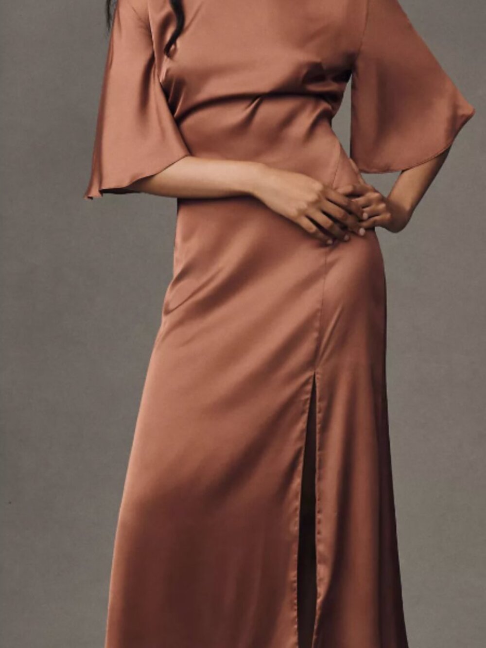BHLDN Copper Satin Midi Dress Open Back Women's Size Small NWT Side Slit - Picture 11 of 11